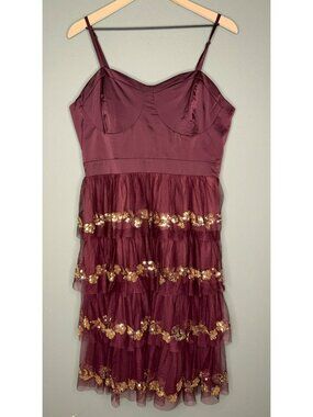 Cache Burgundy Tiered Sequin Applique Lace-Up Mini Dress Adjustable Strap